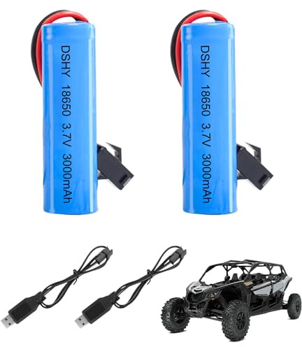 Wxeadu 2 Pcs 3.7V 3000mah Li-Ion Battery,Rechargeable Lithium Batteries with 4 USB Charger SM-2P Plug Connector,Universal Li-ion Battery for Remote Control Cars/rc Truck/Robots/DIY Electronics Product