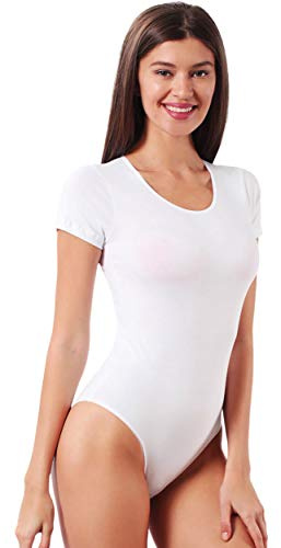 VEDATS Damen Body Kurzarm Rundhals Bodysuit T-Shirt Top Unterhemd (M, Weiß)