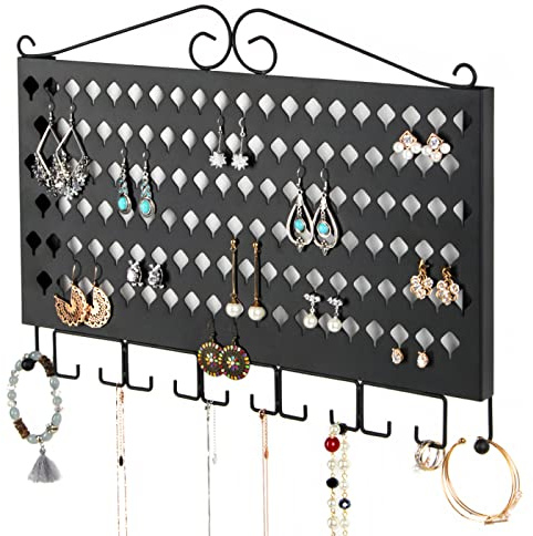 JackCubeDesign Wall Mounted Jewelry Organizer, Earring Necklace Bracelet Holder Display Hanger with 117 Holes & 12 Hooks (Black, 16.54 x 12.2 x 0.75 inches) - MK319A