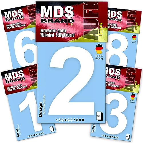 MDS Brand Design 8cm Zahlen Aufkleber 1x/Pk Zahlen Aufkleber groß | Selbstklebende Klebezahlen wetterfest für Briefkasten, Mülltonne & Hausnummeren für Außen & Innen Weiss (0-9 Pack)