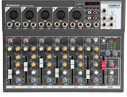 Vonyx VMM-F701 - Mixer 5x Ingressi Micro-Line Mono, Ingresso/Uscita Stereo Line, Adatto per Studio e Palco, 3 Regolazioni per Canale, USB Player