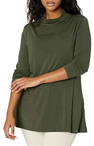 Amazon Essentials Women's Jersey Long-Sleeve Mock Neck Swing Tunic, Forest Green, Large