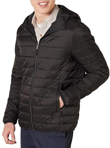 Amazon Essentials Doudoune à Capuche Légère, Paquetable et Résistante à L’Eau Homme, Noir, M