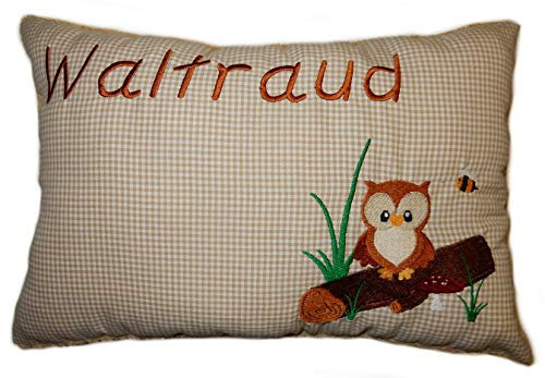 Momelie Schmusekissen in beige * Kuschelkissen * Eule * mit Namen Bestickt * ca. 25 * 40 cm groß * SK-be_0022
