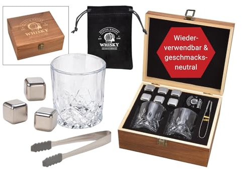 WOMA Whisky Steine Set I 6 Edelstahl Kühlwürfel inkl. 2 Whiskey Gläser, Samtbeutel & hochwertiger Holzbox & Zange I Wiederverwendbare Eiswürfel für Whiskey Wodka Gin Rum Tequila & Cocktails
