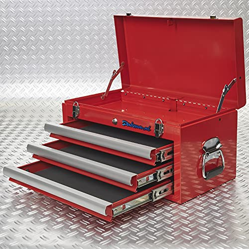 Werkzeugkiste 3 Schubladen Rot - leere Toolbox mit abschließbarem Oberfach, Zylinderschloss & Reserveschlüssel - 53 x 29 x 28 cm, Antirutschmatten & Seitengriffe