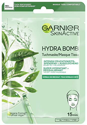 Garnier Cloth Mask, Face Mask for Normal and Combination Skin, Balancing and Moisturising, with Hyaluronic Acid and Green Tea, Hydra Bomb, 28 g