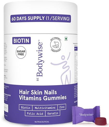 Be Bodywise Biotin Hair Growth Gummies for Women I Sugar Free I Hair Skin and Nails Vitamins I Biotin, Zinc, Folic Acid, Vitamin C, Keratin & Multivitamin I 100% Vegan, Gluten Free I 60 Day Pack