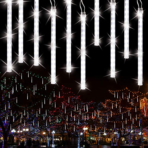 PhilzOps Meteorschauer Regen Lichterketten Aussen, 240 LED Weihnachtsdeko Fallende Regenlichter Outdoor Wasserdicht Schneefall Beleuchtung für Garten Hochzeit Party Baum Balkon 10 Tubes 30cm, Weiß