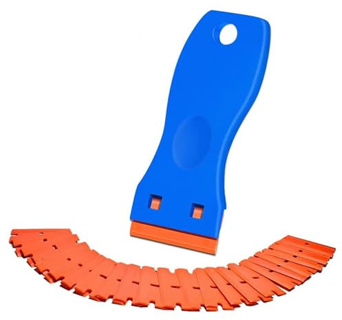1 Pcs Plastic Scraper with 20 Plastic Blades,Portable Cleaning Scraper Tool,Sticky Remover,for Easily Removing Labels and Decals and Other Items from Window Glass Marble Panels Etc (Blue)