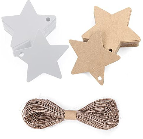 100 Stück Stern-Geschenkanhänger mit 20 m langer natürlicher Jute-Schnur, 6 cm weiß und braun, Kraftpapieranhänger für Hochzeitskarten, Geschenkanhänger, DIY-Etikett, Preisschild.
