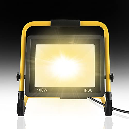 YRHome 100W LED Baustrahler Baustellen Arbeitsleuchte 8500LM Warmweiß LED Strahler Austellenlampe Floodlight inkl. Standgestell & 3m Netzkabel Flutlicht IP66 Wasserdicht für Garage Werkstatt Baustelle