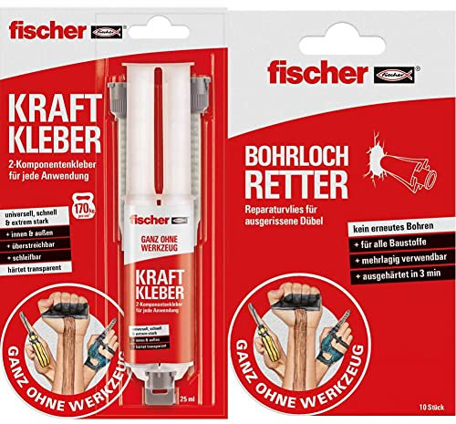 fischer KRAFTKLEBER, 2-Komponenten-Klebstoff, 25 ml & BOHRLOCH RETTER, Reparaturvlies für ausgerissene Dübel in Weiß, Ausbesserung ausgerissener Bohrlöcher, erneute Befestigung von Dübeln, 10 Stück