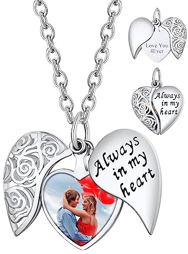 Custom4U Colgante Mujer Alas de Angel con Foto Personalizada Collar Corazón Romántico de Amor Joyería Memorial Día Valentín