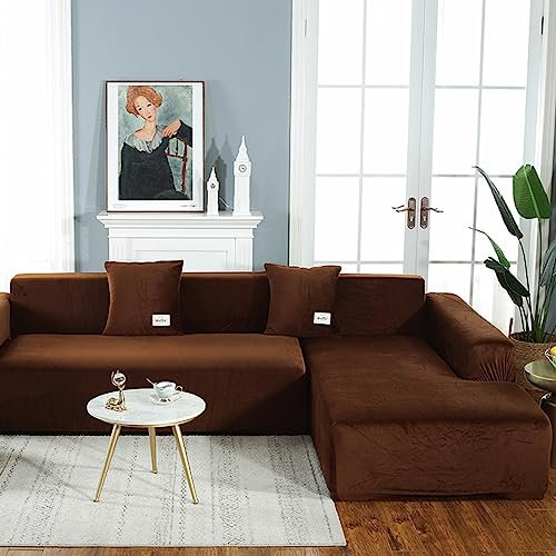 JunJiale Couchbezug L Form Segmentiert Sofabezug 2-teilig Soft Stretch Sofa Schonbezug 3-Sitzer + 3 Sitzer Möbelschutz Couch Schonbezug (Kaffeefarbe)