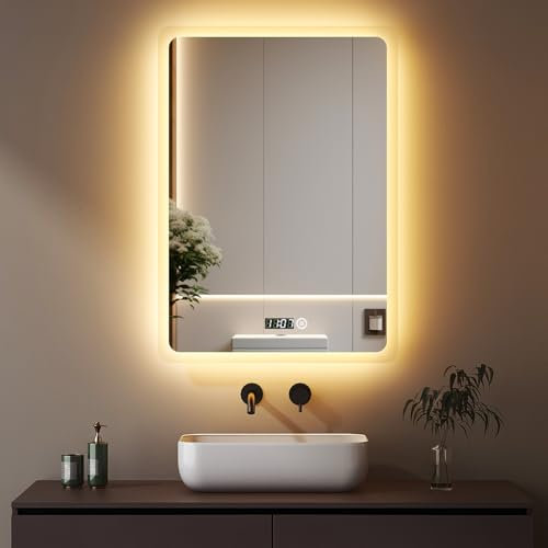 Boromal Badezimmerspiegel mit Beleuchtung 50x70cm Badspiegel mit Beleuchtung und Uhr 3 Lichtfarbe Dimmbar 3000-6500K Lichtspiegel Wandspiegel Badezimmer Spiegel LED Spiegel mit Uhr, Touch Schalter