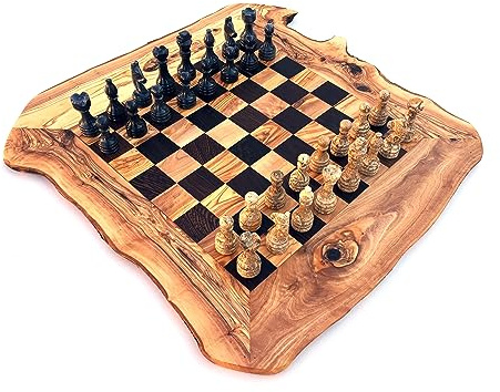 Schachbrett rustikal Größe wählbar L/XL inklusive 32 Schachfiguren aus Marmor Schachspiel handgemacht aus Olivenholz Wenge (L)