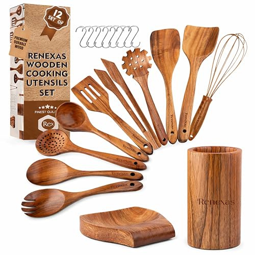 Renexas 12 Pcs Wooden Spoons for Cooking Utensils, Natural Teak Wooden Cooking Spoons with Nonstick Spatula Set, Bamboo Kitchen Utensils With Holder, Wood Spoon Set for Kitchen Essentials