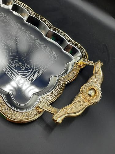 bandejas marroqui de 44cm rectangular con garbados para servir el te ayudante de buffet, bandeja de acero inoxidable con borde decorativo, asas de zinc fundido a presión, cromado Dorada (mediana)