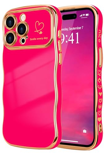 LCHULLE Cover per iPhone 15 Pro Max Cuore Custodia Ondulata,Rosa rossa | Cover cuori d'amore,Custodia con design ondulata e riccia,Protezione della fotocamera galvanizzata Cover,Wavy Heart Case