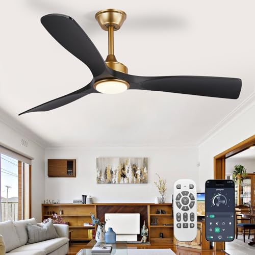 Depuley Ceiling Fan with Light Modern: 52 Inch Outdoor Fan with Remote App Control for Patio Porch - Black Gold Ceiling Fan for Indoor - 3 Blade Fan Reversible Timer Quiet