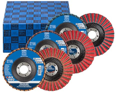 PFERD TOOLS POLIVLIES-Fächerscheiben Set PVZ Keramik| Durchmesser 115mm, Breite 18mm, Bohrung 22,23mm, Schleifmittel CO-COOL, Korngröße 60/G,80/M,120/F | 44698008 - für Feinschliff