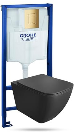 Lavita Vorwandelement Solido + Wand Hänge WC Onil Schwarz Spülrandlos + WC Sitz mit Absenkautomatik Goldener Knopf Komplettset Unterputz Spülkasten Toilette Komplett Sett WC
