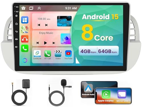 Inefala 8-Core 4GB+64GB Android 15 Autoradio per Fiat 500 2007-2015 Wireless Carplay Android Auto Bluetooth 5.0 DSP WiFi SWC FM/RDS Radio GPS Navigatore 9 IPS Schermo Tattile Mic