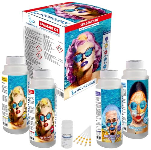 Aquaclear - Kit prodotti per avviamento e mantenimento piscina, Continene Cloro, Ph minus, Ph plus, Antialghe; Tester cloro/ph