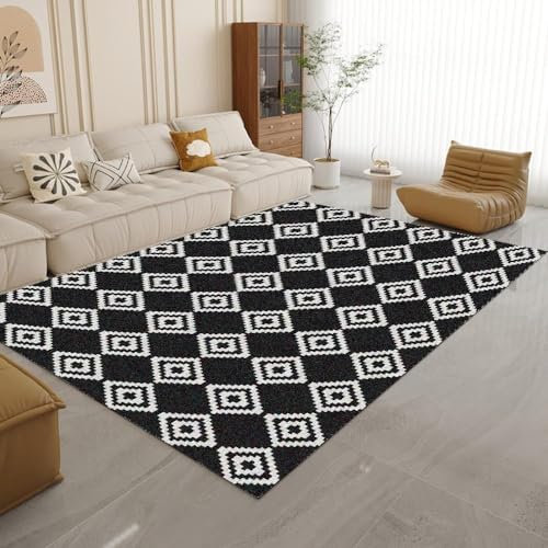 BURUNG Bohemian-Teppich, schwarz-weißes Blumenmuster, Art-Deco-Teppich, rutschfest, waschbar, fusselfrei, faltbar, Kurzflor-Teppich für Esszimmer, Zuhause, Dekor, Büro 150x180cm