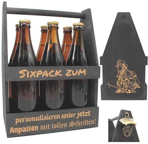 FEUERWEHR-Bierträger personalisiert Sixpack Flaschenträger Bierträger aus Holz SCHWARZ mit Gravur Männerhandtasche Geburtstagsgeschenk Biergeschenk Vatertag Geschenk