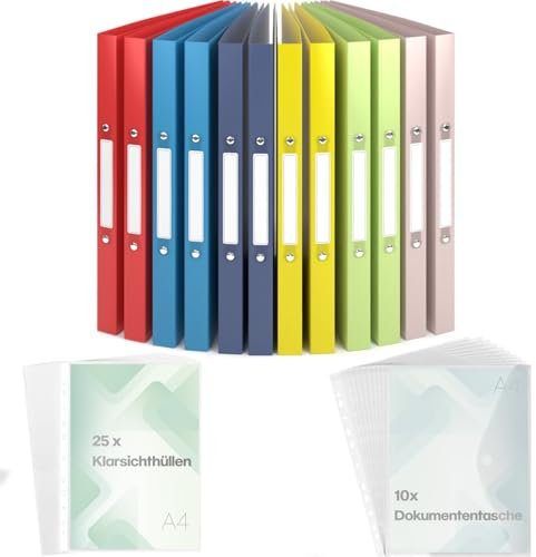 ACROPAQ - 12 x Ringbuch A4 - Inkl. 10x Dokumententasche, 25x Klarsichthüllen und 12x Rückenetiketten, Mit 2 Ringen, Rückenbreite 2,5 cm, Sommer, 'Nature' Farbkollektion - Ringordner, Ringordner