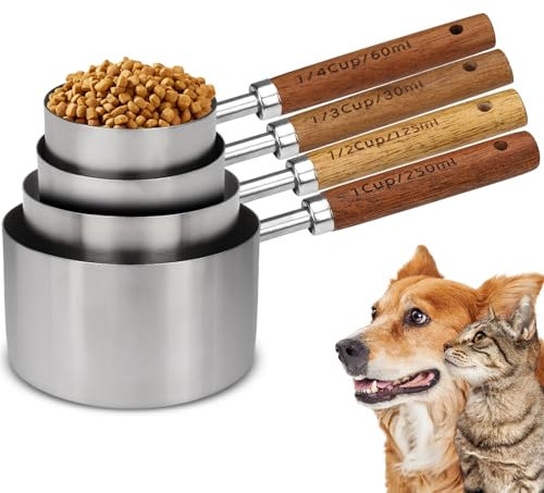 Dexspoeny Juego de 4 tazas medidoras de comida para perros, de acero inoxidable, cuchara medidora de comida para perros, gatos, pájaros y conejos, 1 taza, 1/2 taza, 1/3 taza y 1/4 taza, paquete de 4