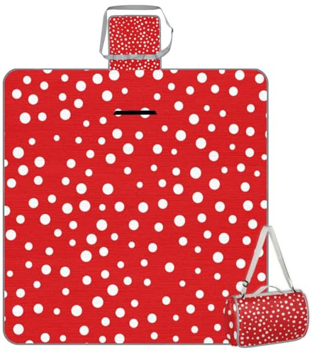 cfpolar Quadratische Picknickdecke, wasserdicht, weiße Punkte, roter Hintergrund, extra groß, 152,4 x 152,4 cm, Outdoor-Stranddecke, leichte, handliche Matte, Tragetasche für Frühling, Sommer,