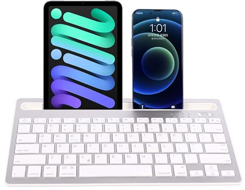 Wireless Bluetooth Keyboard with Tablet/Phone Holder, Ultra-Slim Portable Rechargeable Silent QWERTY Keyboard, 78 Keys, Support Switching Between 2 Devices for Laptop Tablets Smartphones(Silver)
