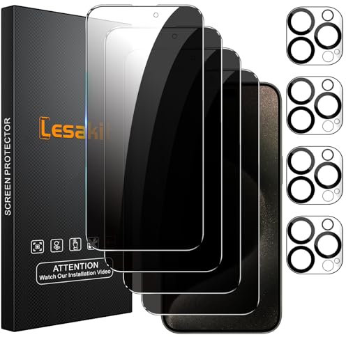 Lesakit 4+4 Pack Privacy Screen Protector for iPhone 15 Pro Max 6.7-Inch with 4 Pack Camera Lens Protector, Anti Spy Tempered Glass Film 9H Hardness Case Friendly