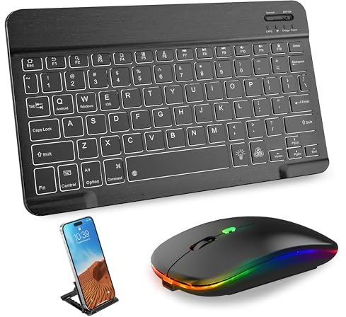 Tastiera e mouse Bluetooth Combo per iPad, set wireless RGB ricaricabile con retroilluminazione a 7 colori, compatibile con iPad di 10a/9a/8a generazione, iPad Pro/Air/Mini (nero)