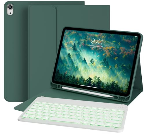 GKABXY Case with Keyboard for iPad Air 11 inch (M2/M3/M4) 2024/2025/2026, iPad Air 5th/4th Generation 10.9 inch With Pencil Holder, 7 Colors Backlit Detachable Bluetooth Keyboard case, Dark Green