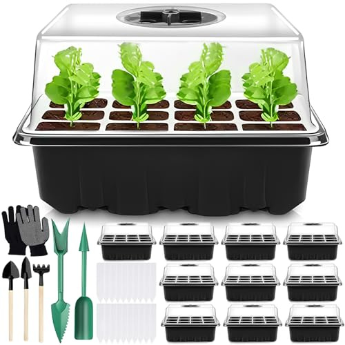 ZHHGOO Mini Serre pour Plantes, 10 Pièces 120 Cellules Intérieure Plateau Semis avec Dôme De Ventilation Et Socle,Serre Intérieure Pépinière Boîte avec 20 étiquettes,3 Pelle,2 Outils,1 Paire de Gants