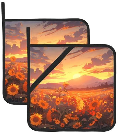 Set presine con girasoli gialli al tramonto, resistenti al calore, per forno e grill, essenziali per la cucina con design quadrato