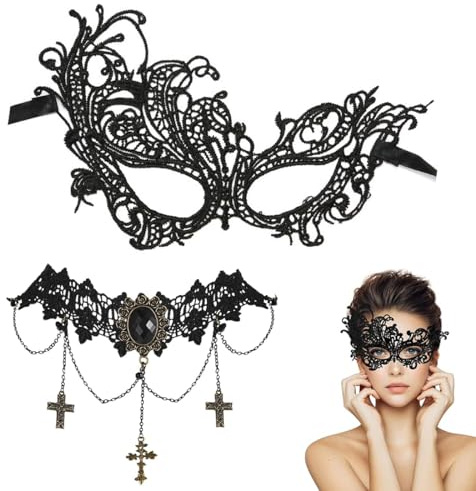 VONJUMA 2-Teiliges Set Venezianische Maske Damen Maskenball Halsketten Augenmaske Fasching Venezianische-Masken Venezianisches Kostüm Damen Für Halloween Kostüm Ball Party Und Ander Gelegenheit
