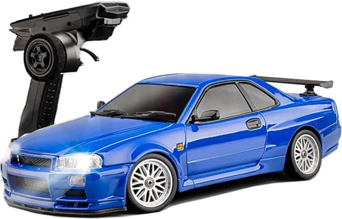 ARRIS LD1899 1:18 Scale RC Drift Car, GTR R34 2.4GHz RWD Mini Model Vehicle with Gyro, Alloy Body Shell Racing Cars for Adults Toys (Blue)
