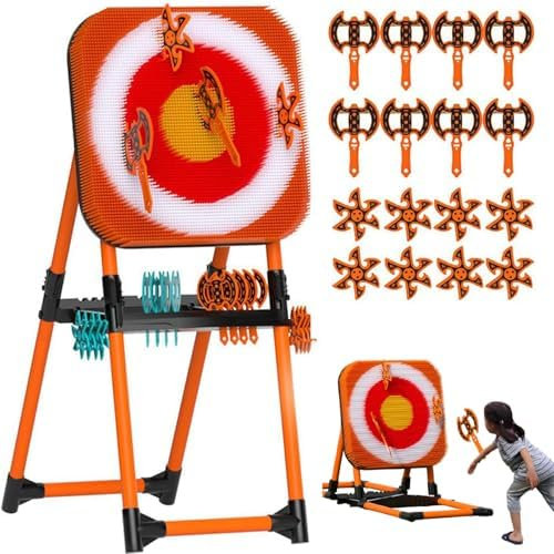 Jeu de jeux de lancement de hache 2-en-1, 8 Axe volante à long manche + 8 étoiles à six étoiles, lancer de hache, pelouse dart combo backyard jeu pour backyard et plaisir en plein air ， Activité