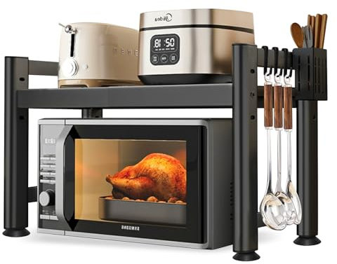 YSWOVUO Verstellbares Mikrowellen Regal, 2-Stufig Erweiterbares Küchenregal Arbeitsplatte, Regal Küche Arbeitsplatte Kohlenstoffstahl, Mikrowelle mit 8 Haken, 1 Küchenutensilienhalter, Schwarz