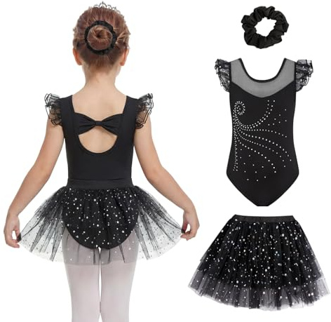 JiAmy Mädchen Ballett Set Tüll Glitzerrock Haarreif 100, Schwarz | Alter 3-4 Jahre, 90% Polyester 10% Elasthan, Strass-Oberteil, Paillettenrock, 3-teilig, atmungsaktiv, Handwäsche, Aufführung