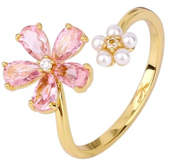Mikovivi Gold Dainty Flower Ring for Women, Pink Sparkling Cubic Zirconia Stone Daisy Open Ring Adjustable Wrap Finger Band Pearl Engagement Promise Rings Statement Jewelry Gift