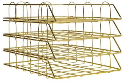 CHIMHOON 4 Fächer Lagerregale Metall Briefablage, Stapelbar Aktenregal, A4 Papierablage, Gold Dokumentenhalter, Schreibtischablage, Dokumentenablage, Schreibtisch Organizer