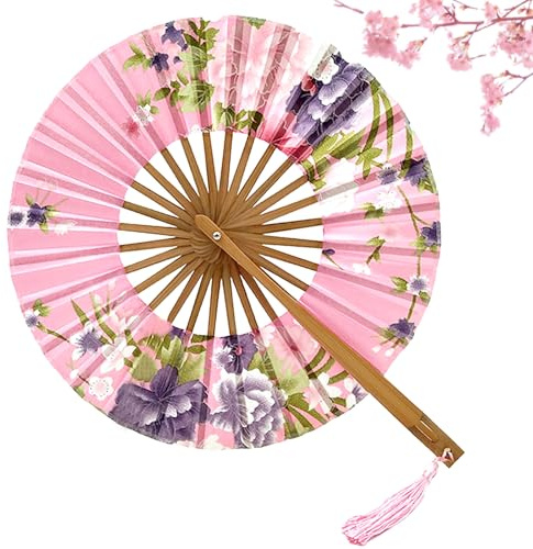 BSITSSS Rosa Fächer mit Quaste, Holz Handfächer Klappbarer, Blumenmuster Fächer Klein, Mode Hand Fan, Handfächer Stabil für Hochzeit Gäste Kinder Mädchen Sommer