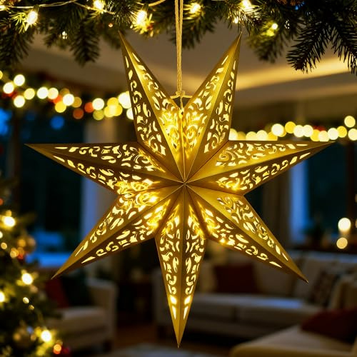 Kssvzz 60cm Weihnachtsstern Beleuchtet Golden, 3D Papierstern zum Aufhängen mit Beleuchtung, Weihnachtsdeko Fenster Innen
