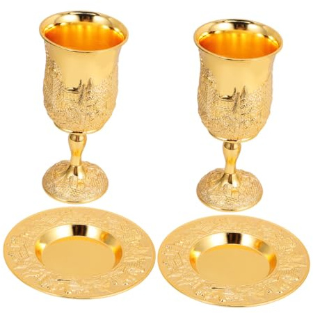 HIAKDOFT 2 Ensembles Coupes à Vin Judaica Embossées avec Plateau Calices pour Bénédictions et Havdalah Accessoires Religieux pour Célébrations Juives